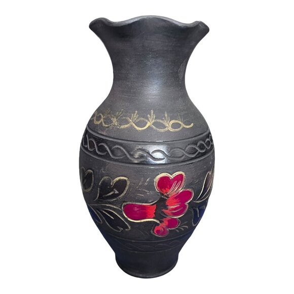 VINTAGE Red Floral Pottery Vase 9 1/2" Tall Gold Trim Ruffled Edge - Picture 6 of 9